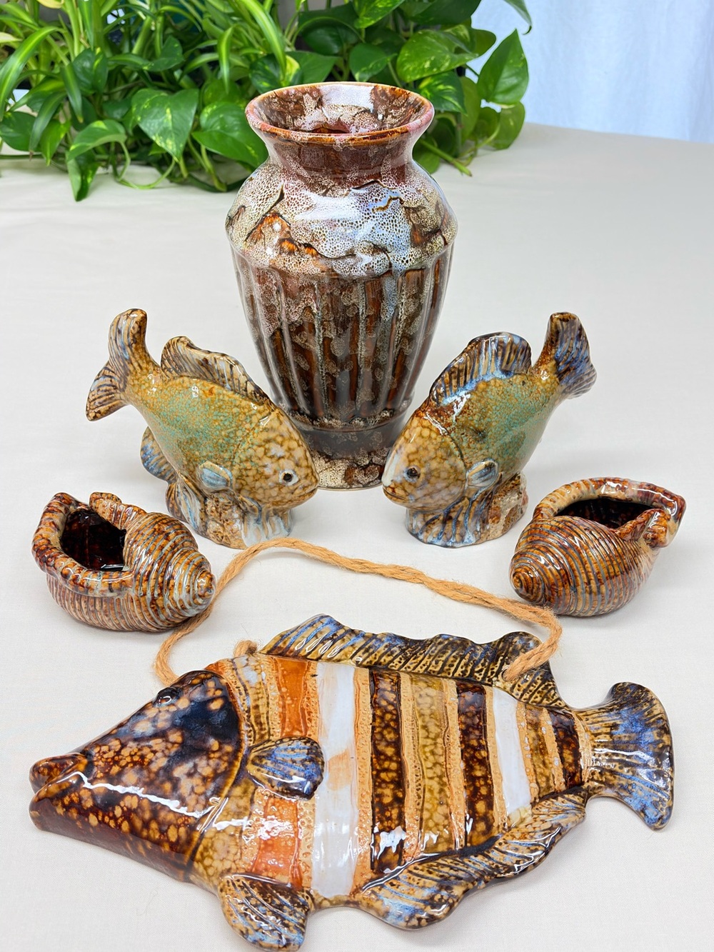 Vintage 6-Pc Coastal Drip Glaze Pottery Set- Includes French Vallauris Plaque